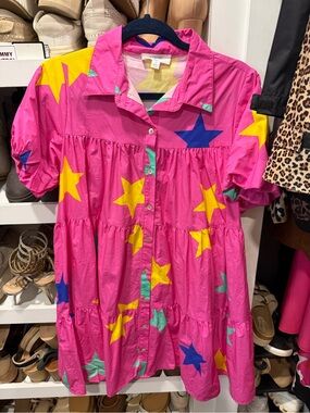 Peach Love California Pink and Blue Star-Trim Dress